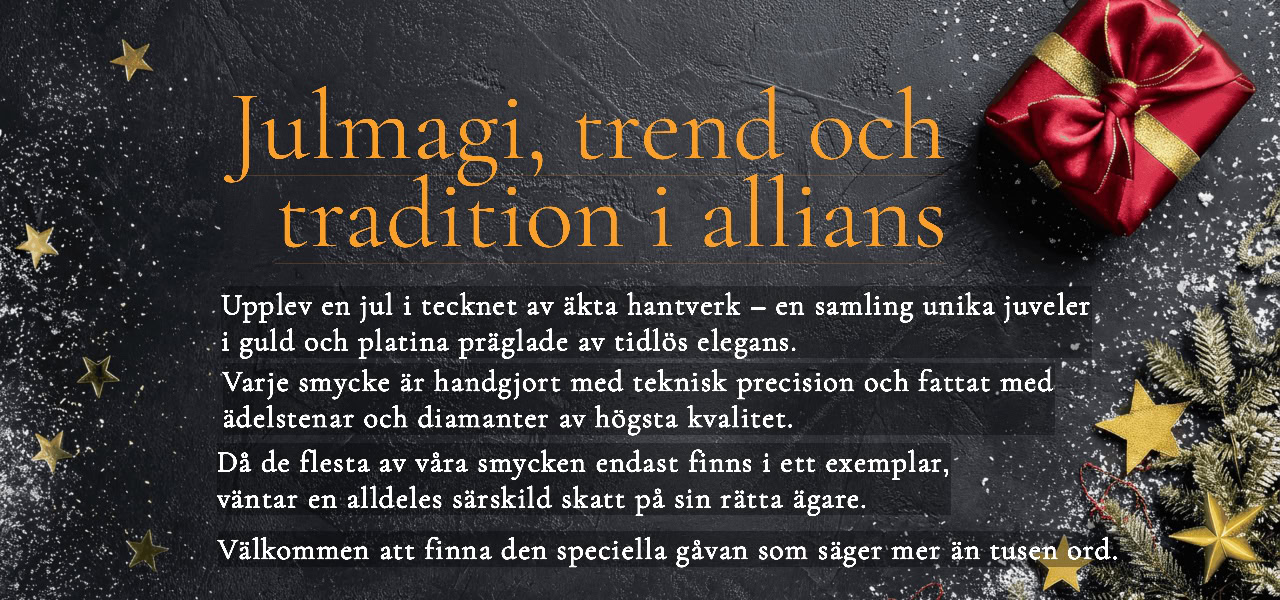 Unik juljuvel i guld och platina med handgjorda ädelstenar, perfekt för julnötning och exklusiva gåvor.